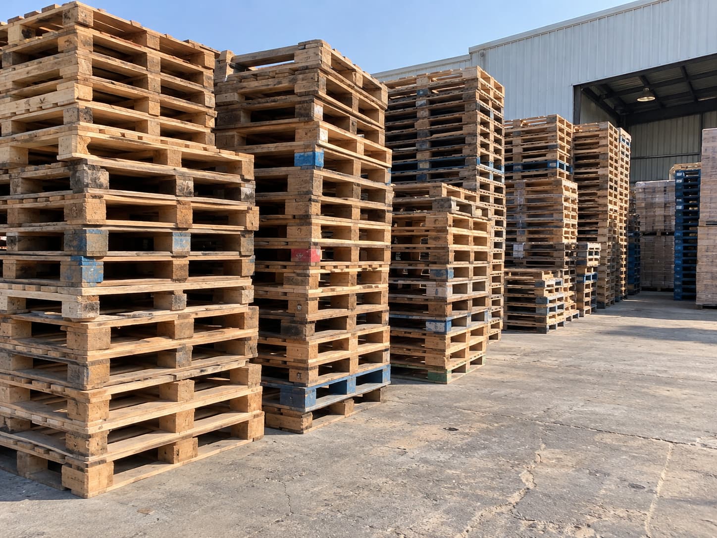 Stacks of recovered wooden pallets several metres high in a yard under a clear sky, with a warehouse and more sorted stacks behind.