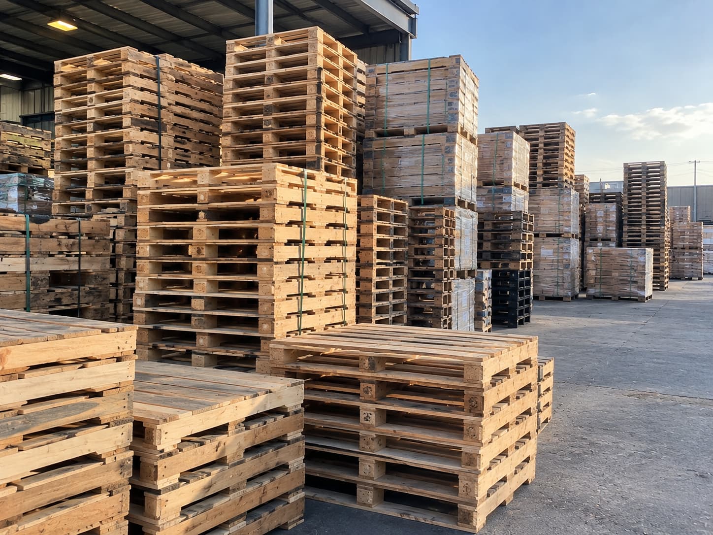 Banded stacks of used pallets of several grades waiting under a yard canopy.