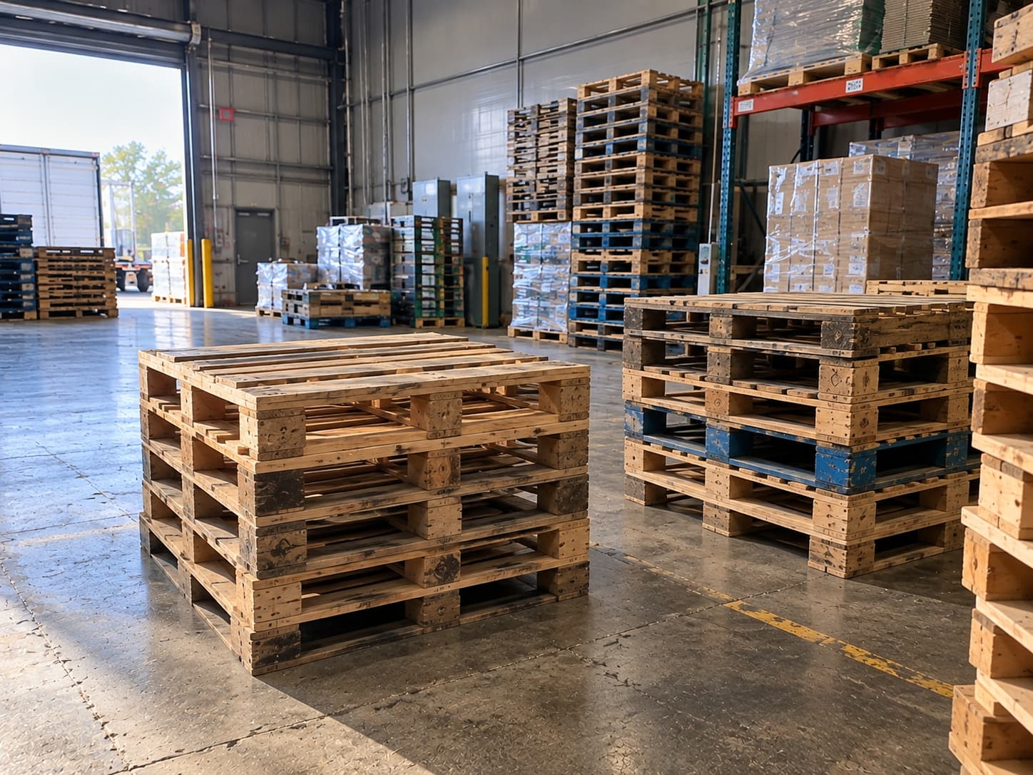 Graded pallet stacks on a warehouse floor beside an open dock door, with racking behind.