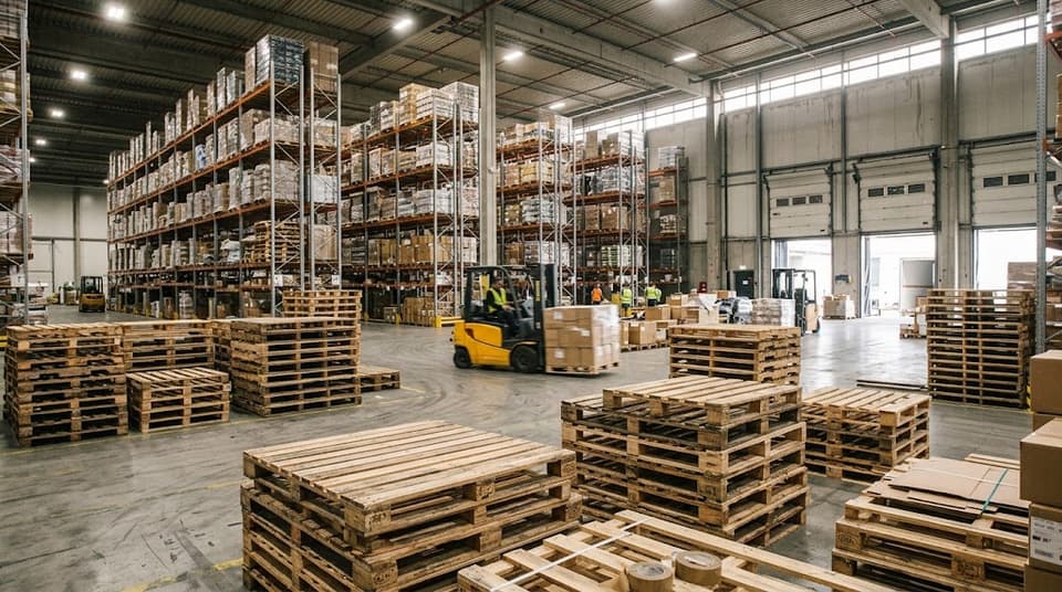 Warehouse interior with high racking, a forklift moving a load, and empty pallets stacked across the floor.