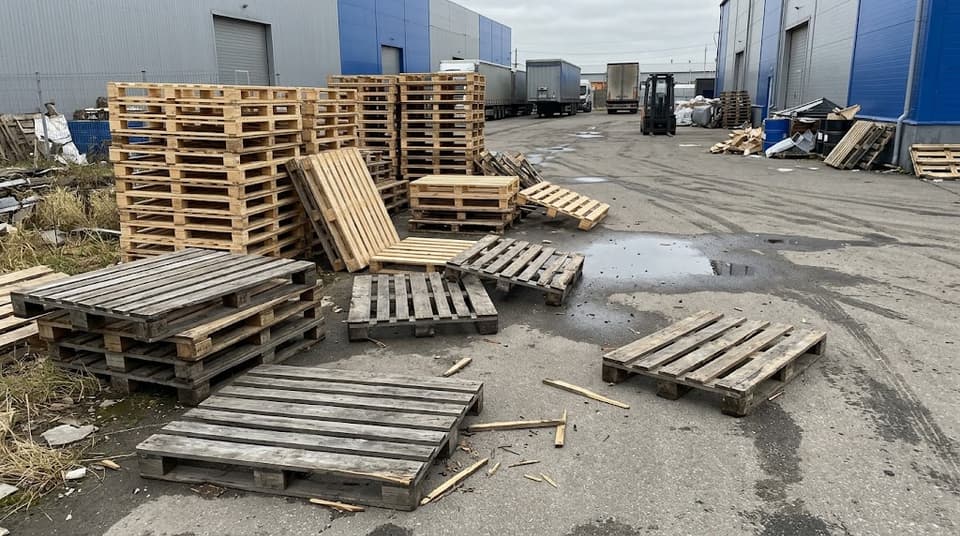 Broken and weathered pallets scattered and stacked unevenly on wet tarmac behind an industrial unit.