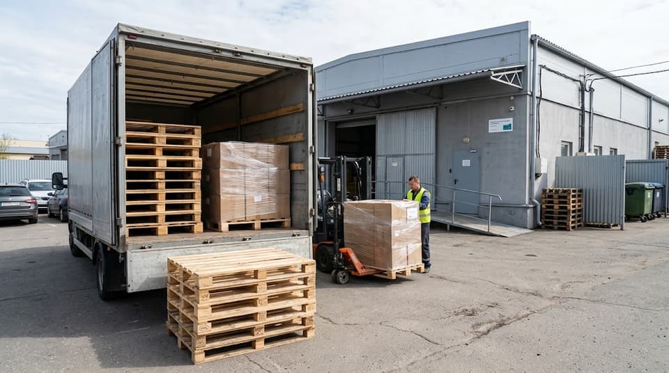 A delivery truck backed to a warehouse bay with pallets loaded inside and an operator moving a wrapped load.