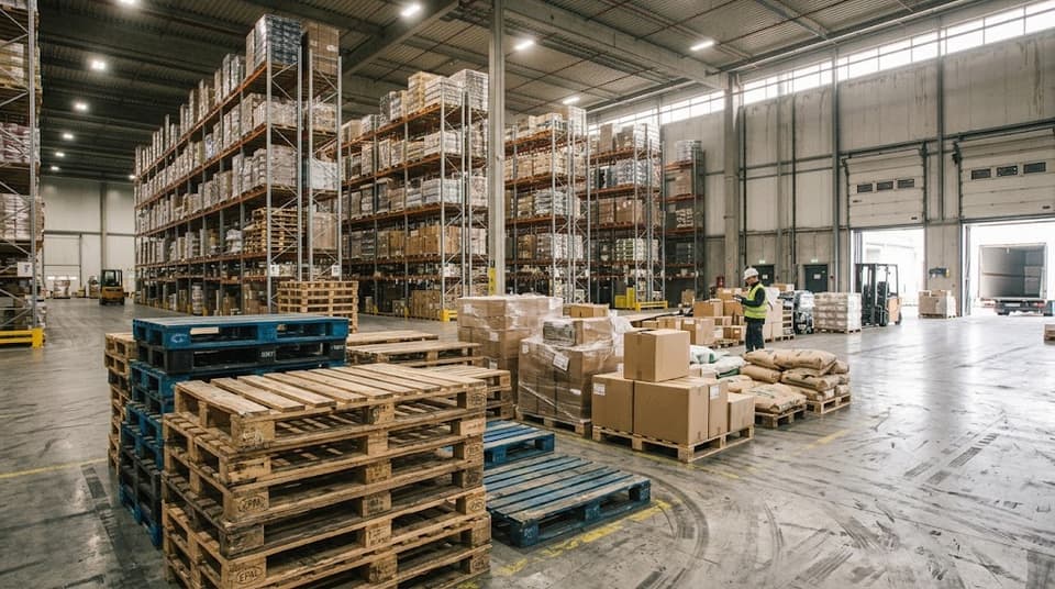 Warehouse floor with mixed pallet types in use: whitewood stacks, blue pooled block pallets and loaded units beside high racking.